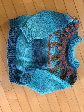 Handknit Teal Fair Isle Sweater with Brown Dinos